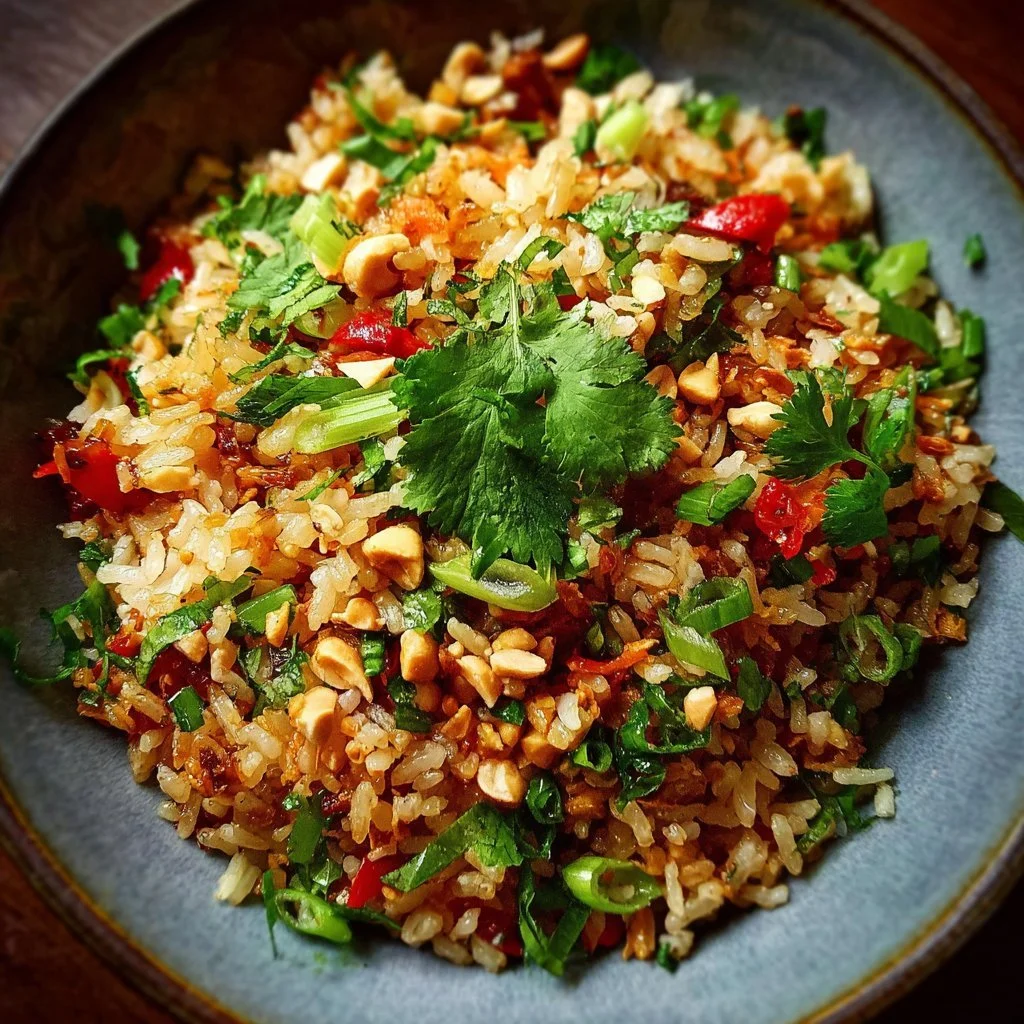 Knuspriger Reissalat mit Erdnuss und Chili, frisch zubereitet.