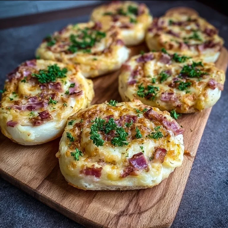 Köstliche Flammkuchen Brötchen mit 5 Zutaten auf einem Holztisch.