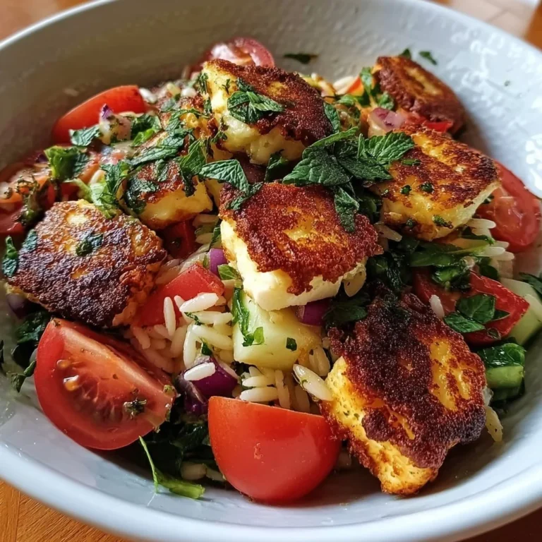Kritharaki-Salat mit Halloumi-Croutons auf einem Teller angerichtet