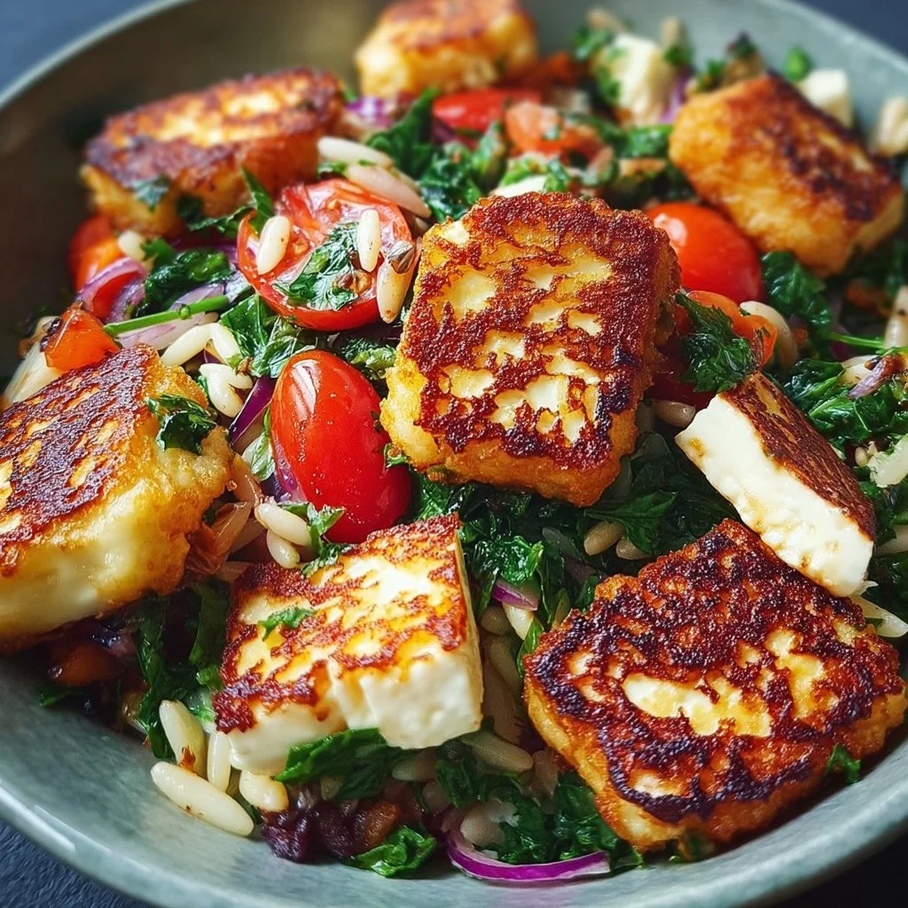 Kritharaki-Salat mit Halloumi-Croutons