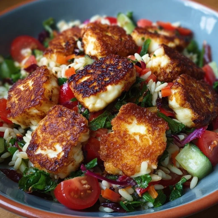 Kritharaki-Salat mit knusprigen Halloumi-Croutons auf einem Teller