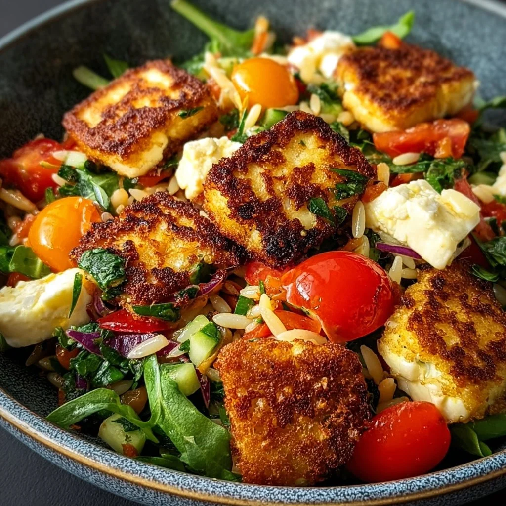 Kritharaki-Salat mit knusprigen Halloumi-Croutons