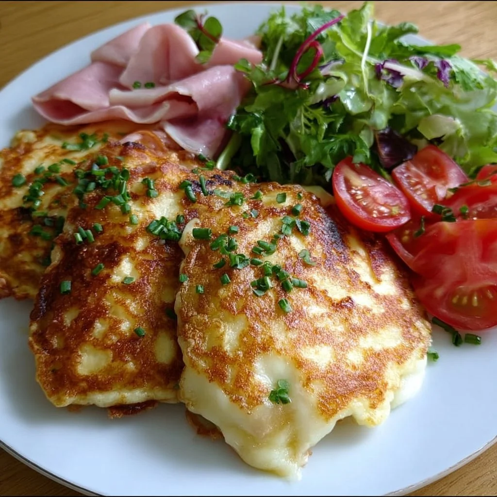 Low Carb Schinken-Mozzarella-Pfannkuchen mit frischem Salat serviert