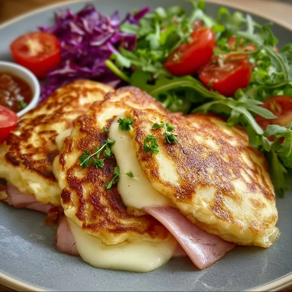 Low Carb Schinken-Mozzarella-Pfannkuchen mit Salat