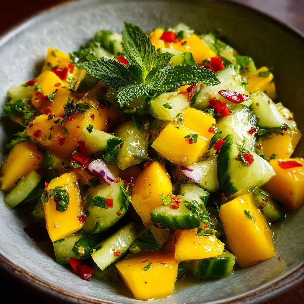 Frischer Mango-Gurken-Salat mit Dressing und buntem Gemüse