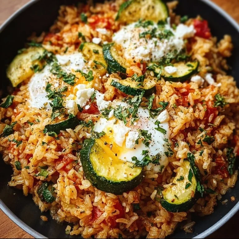 Mediterrane Zucchini-Reis-Pfanne mit frischem Gemüse und Gewürzen.