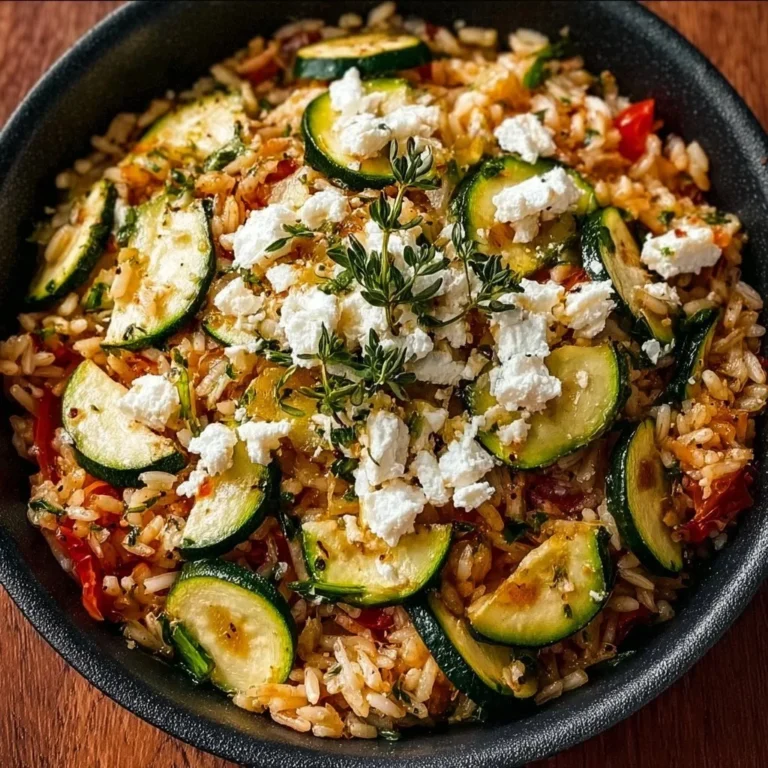 Mediterranes Zucchini-Reis-Pfanne mit Feta, buntem Gemüse und frischen Kräutern.