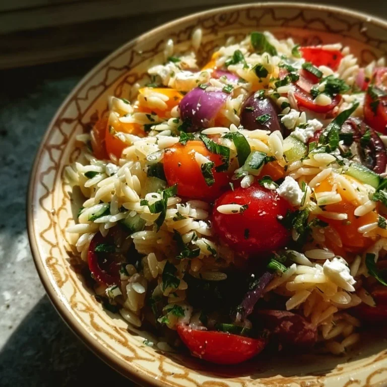 Schüssel mit mediterranem Orzo-Salat, angereichert mit frischem Gemüse und Kräutern.