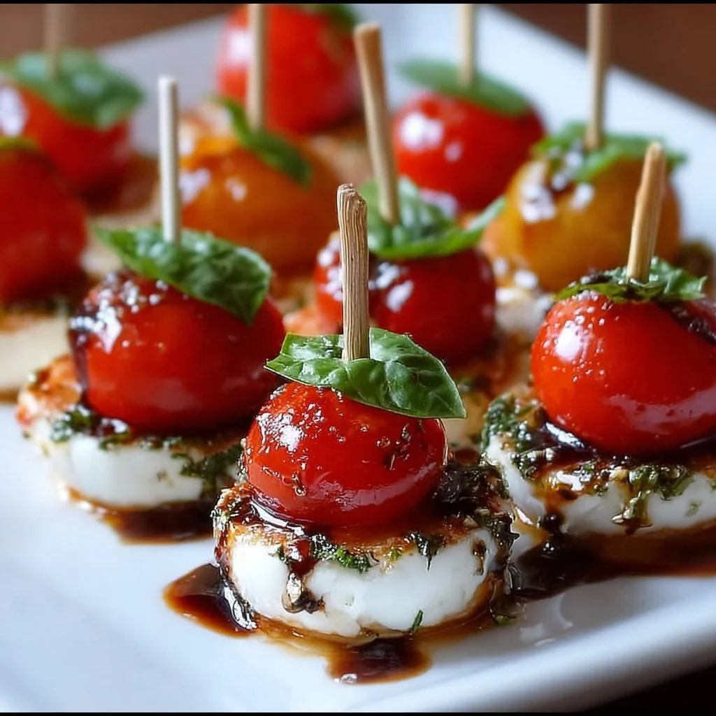 Mini Caprese Häppchen mit Tomaten, Mozzarella und Basilikum auf einem Teller