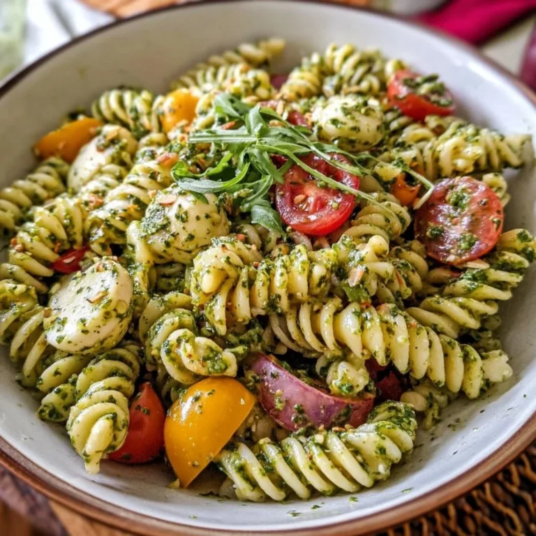 Leckerer Nudelsalat mit Pesto in einer bunten Schale angerichtet