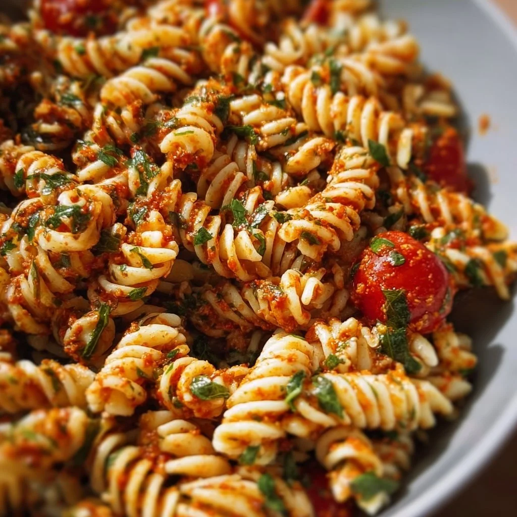 Ein köstlicher Nudelsalat mit rotem Pesto in einer Schüssel