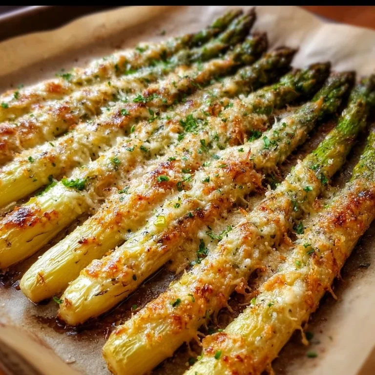 Ofenspargel mit Parmesan auf einem Teller, frisch aus dem Ofen