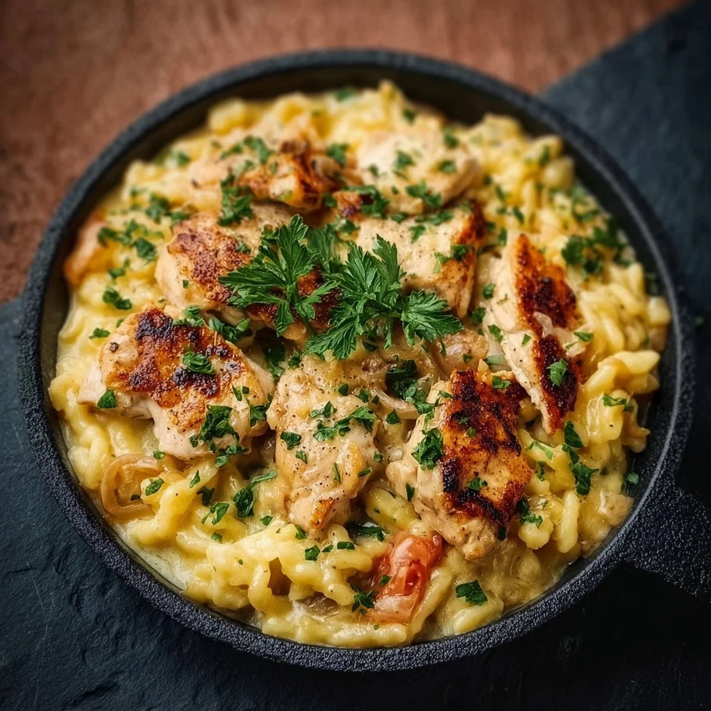 Eine Schüssel mit Spätzle und Hähnchen in einer leckeren Soße von One-Pot-Rezept.