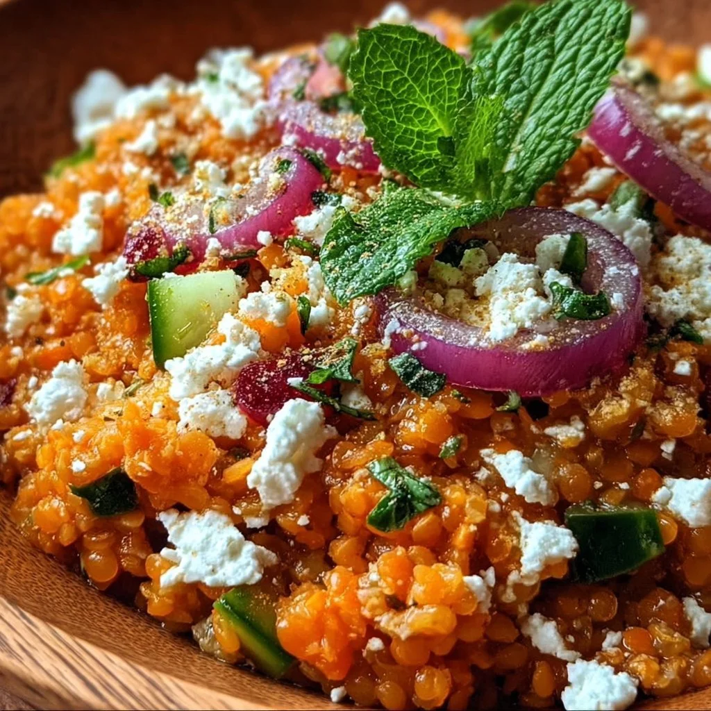 Orientalischer Rote-Linsen-Salat mit Feta auf einem Teller