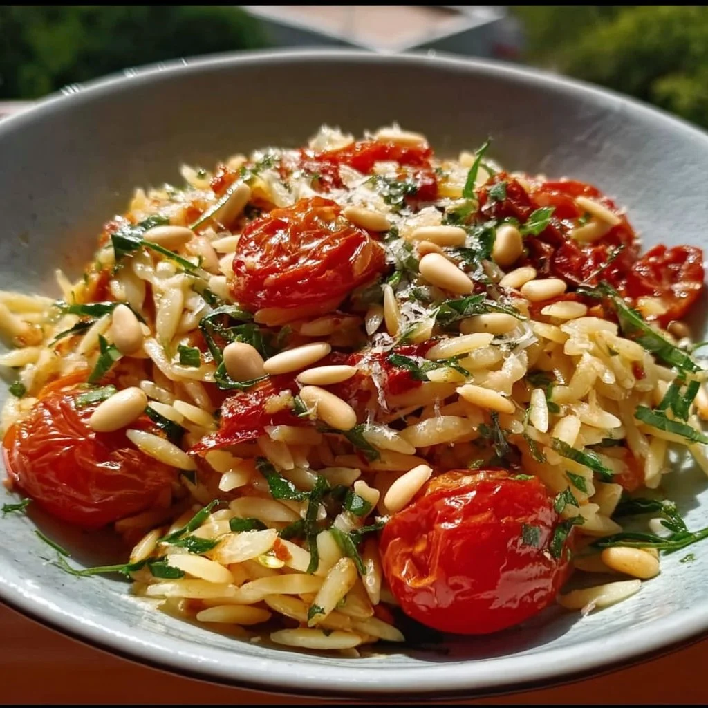 Orzo-Salat mit frischen Tomaten und gerösteten Pinienkernen