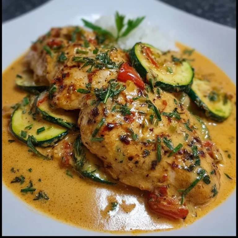 Paprika Zucchini Sahne Hähnchen auf dem Tisch serviert