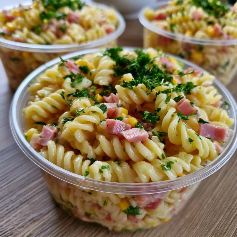 Teller mit Pasta und Schinken, serviert mit frischen Kräutern