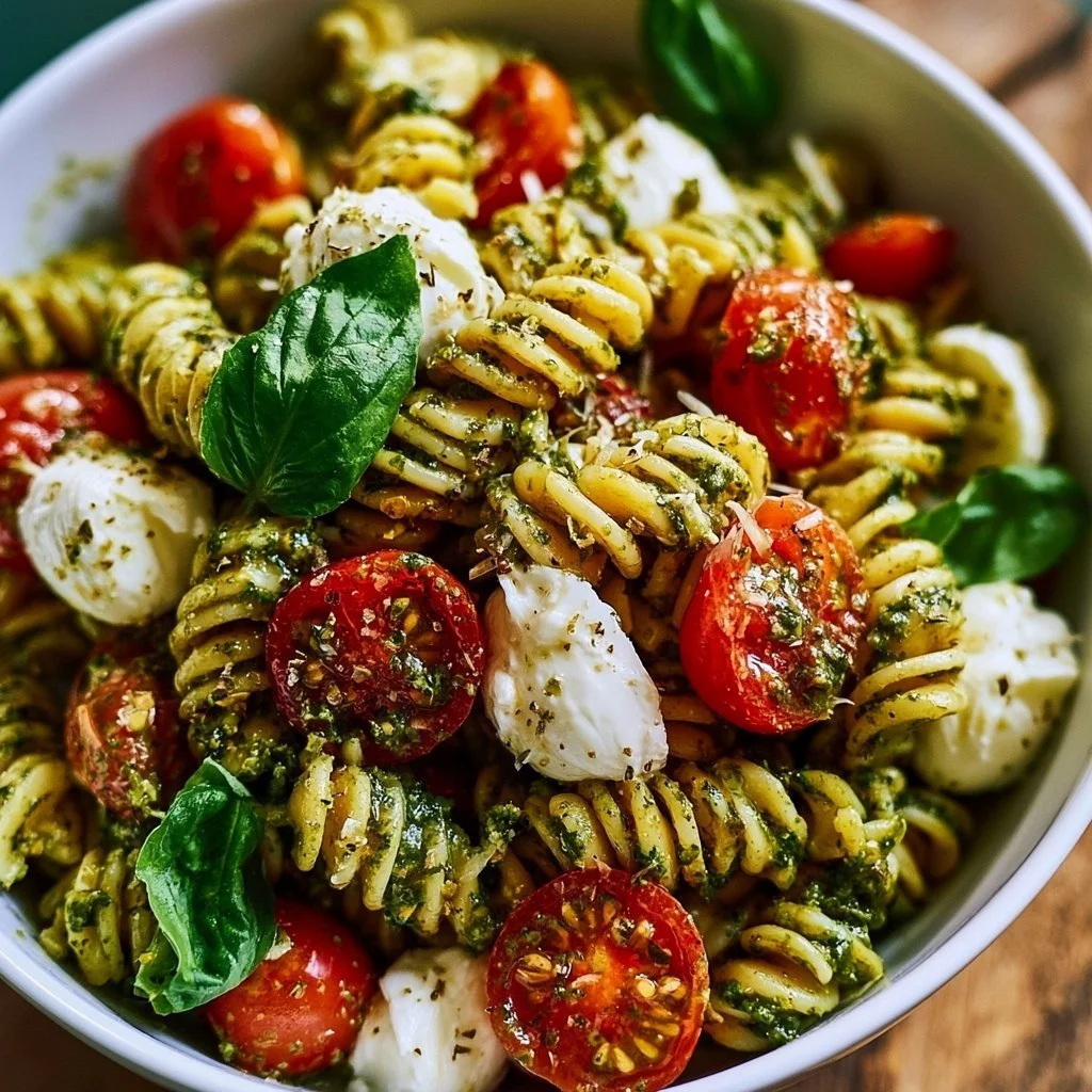 Pesto-Nudelsalat mit Tomaten und Mozzarella, frisch zubereitet