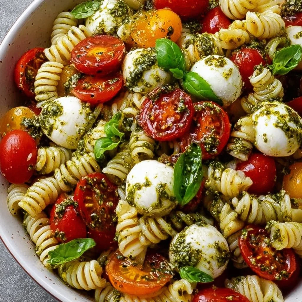 Pesto-Nudelsalat mit Tomaten und Mozzarella