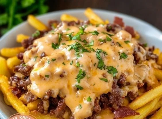 Pommes Frites mit Hackfleisch und Cheddar, lecker und einfach zuzubereiten