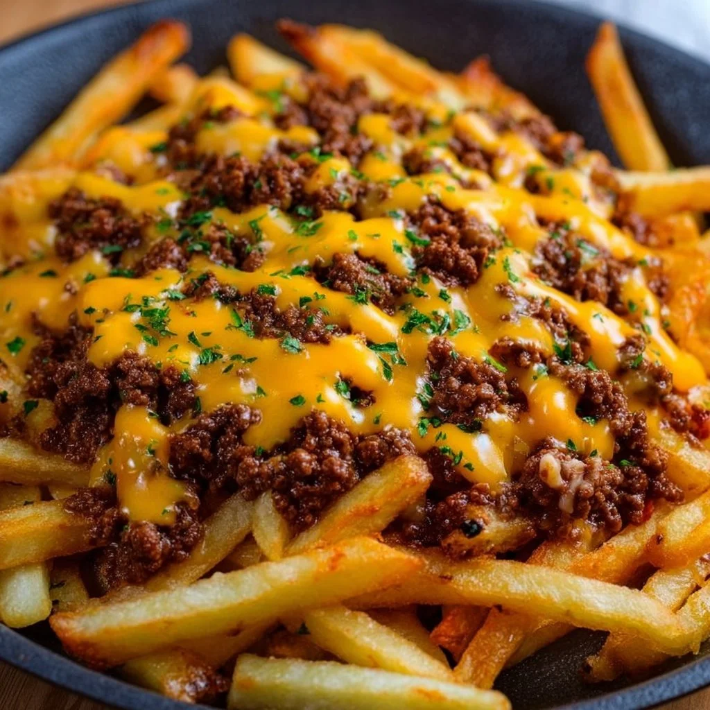 Pommes Frites mit Hackfleisch und Cheddar