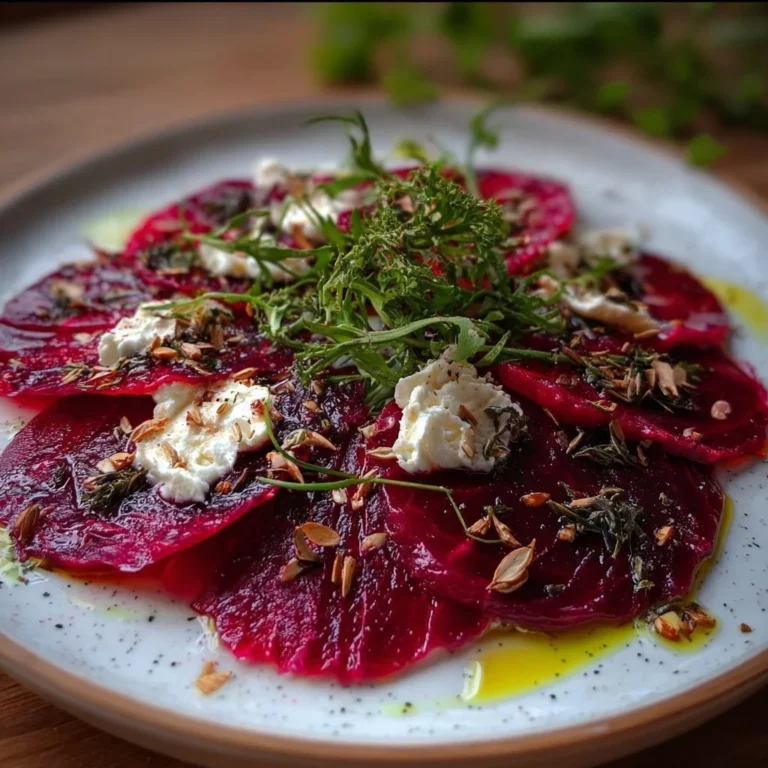Rote Bete-Carpaccio in feinen Scheiben serviert, garniert mit Nüssen und Kräutern