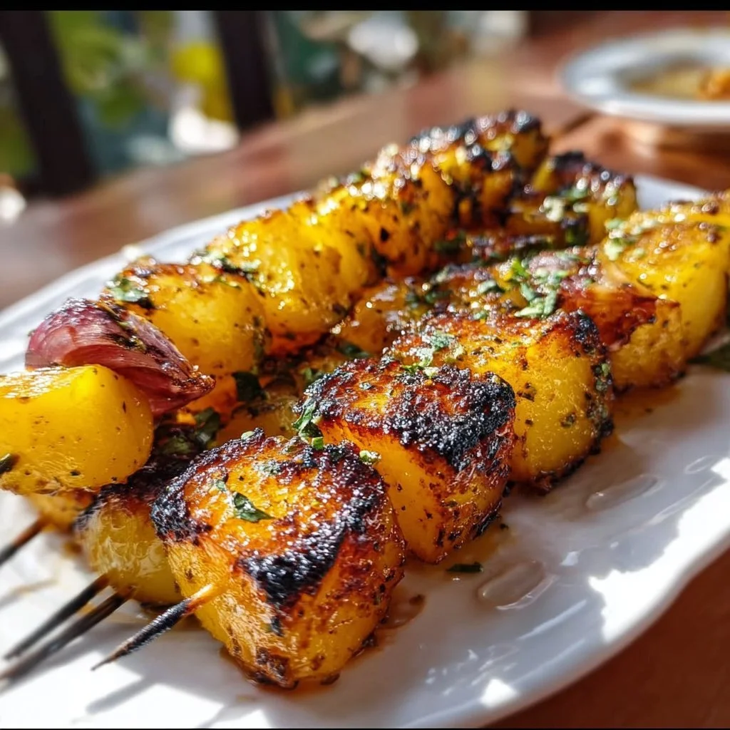 Saftige gegrillte Honig-Senf Kartoffelspieße auf dem Grill