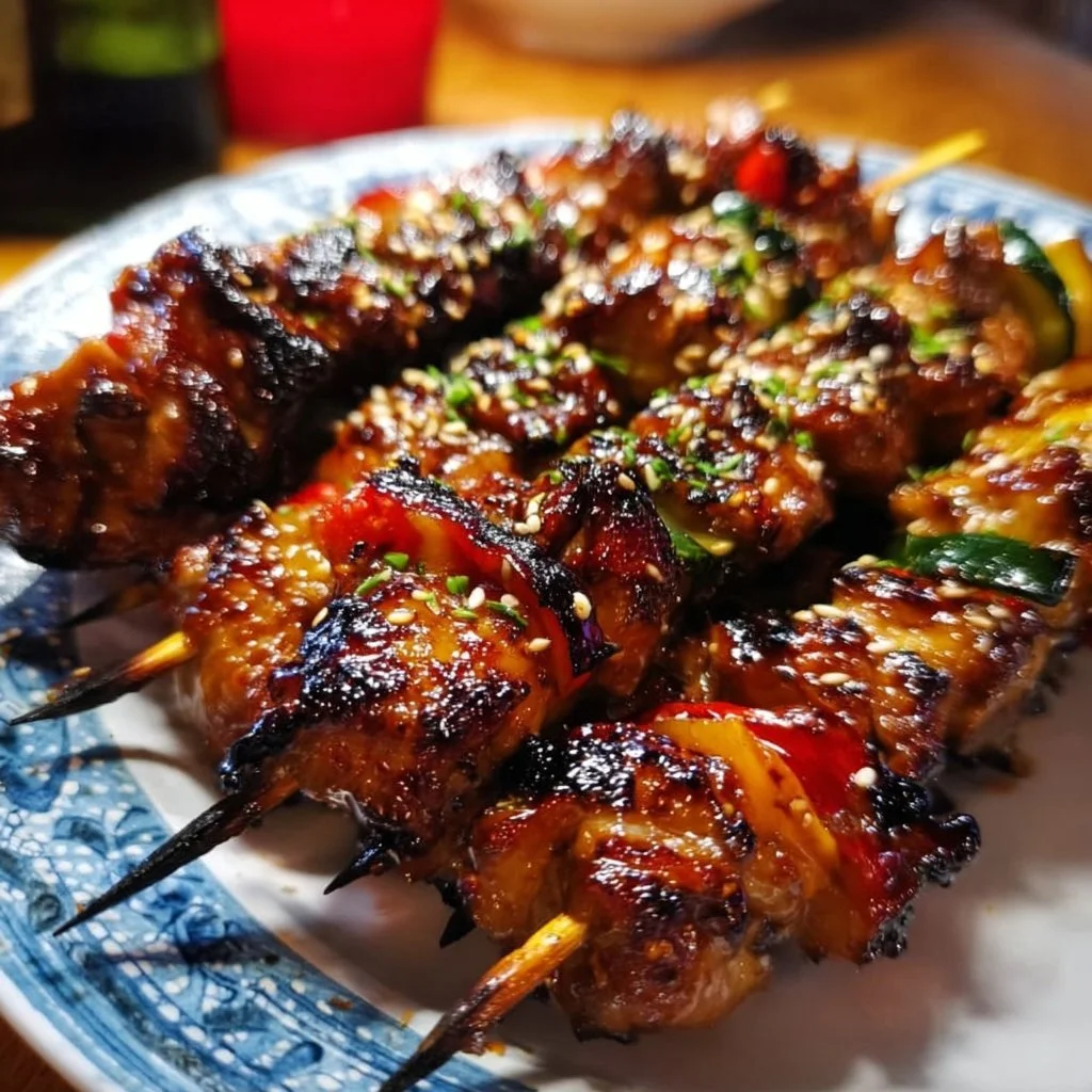 Saftige Teriyaki Hähnchen Spieße, frisch gegrillt für ein köstliches BBQ-Erlebnis.