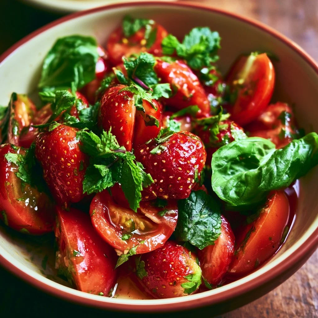 Frischer Salat mit Erdbeeren, Tomaten, Minze und Basilikum auf einem Teller.
