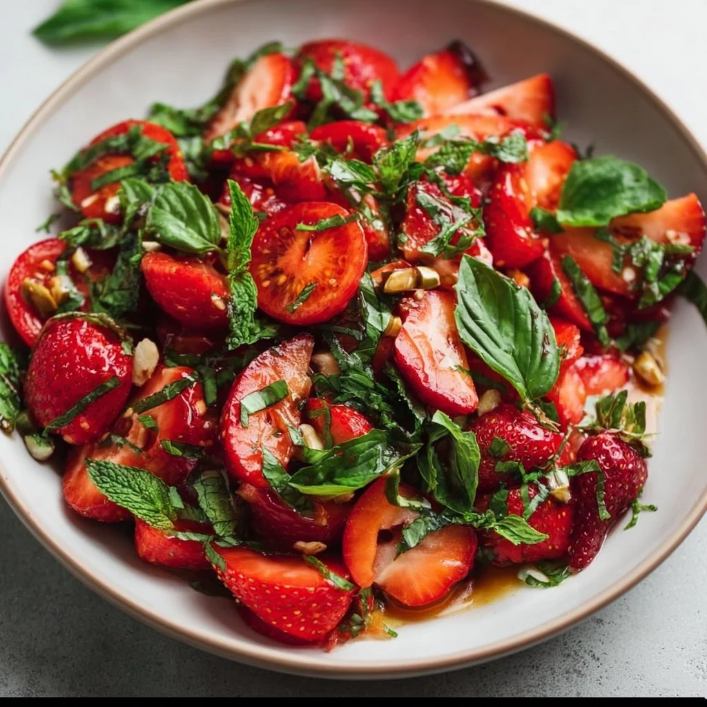 Salat mit Erdbeeren, Tomaten, Minze und Basilikum