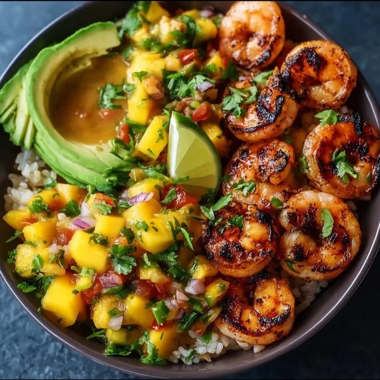 Shrimp Avocado Bowl mit Mango-Salsa auf einem bunten Teller serviert.