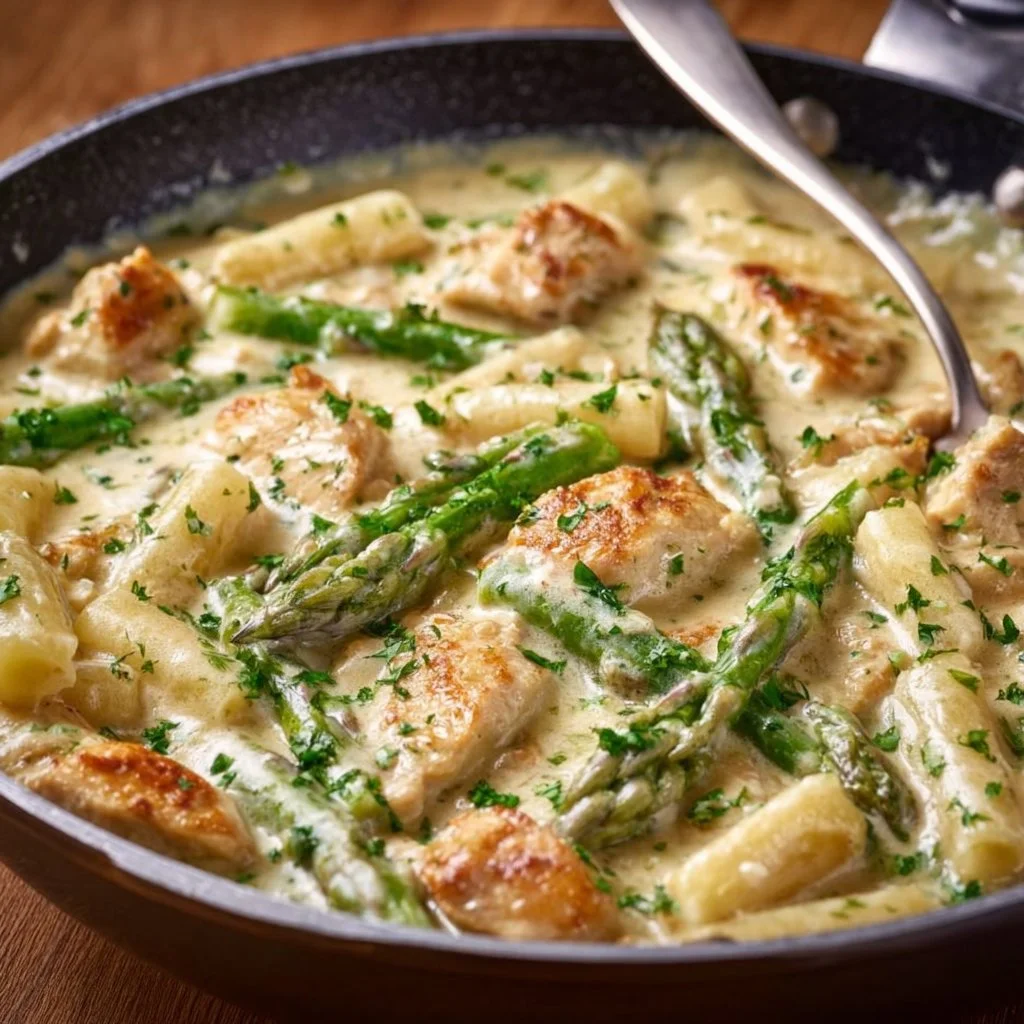Spargelpfanne mit Hähnchen in Sahnesoße