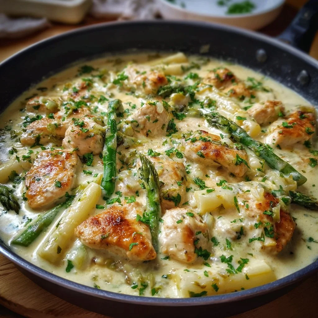Spargelpfanne mit Hähnchen in Sahnesoße auf einem Teller