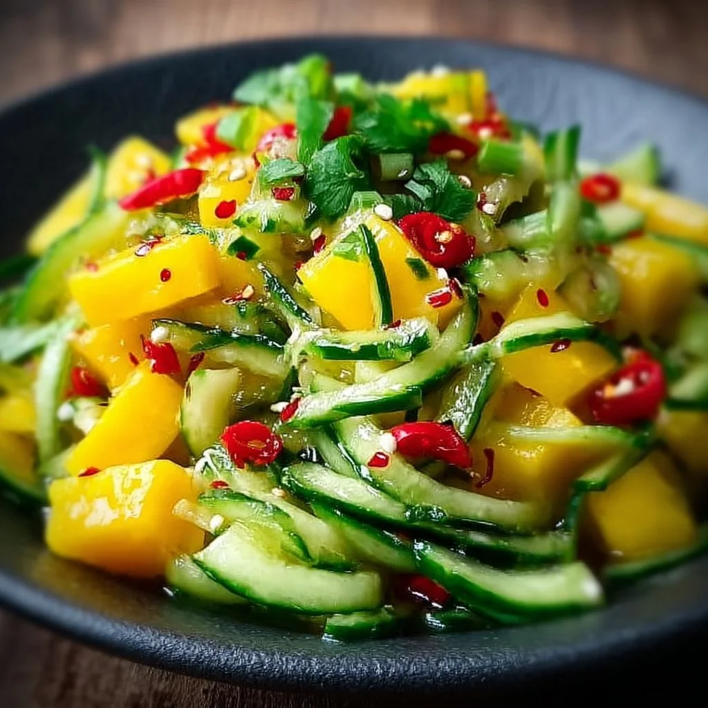Thailändischer Mango-Gurkensalat mit frischen Zutaten und Gewürzen