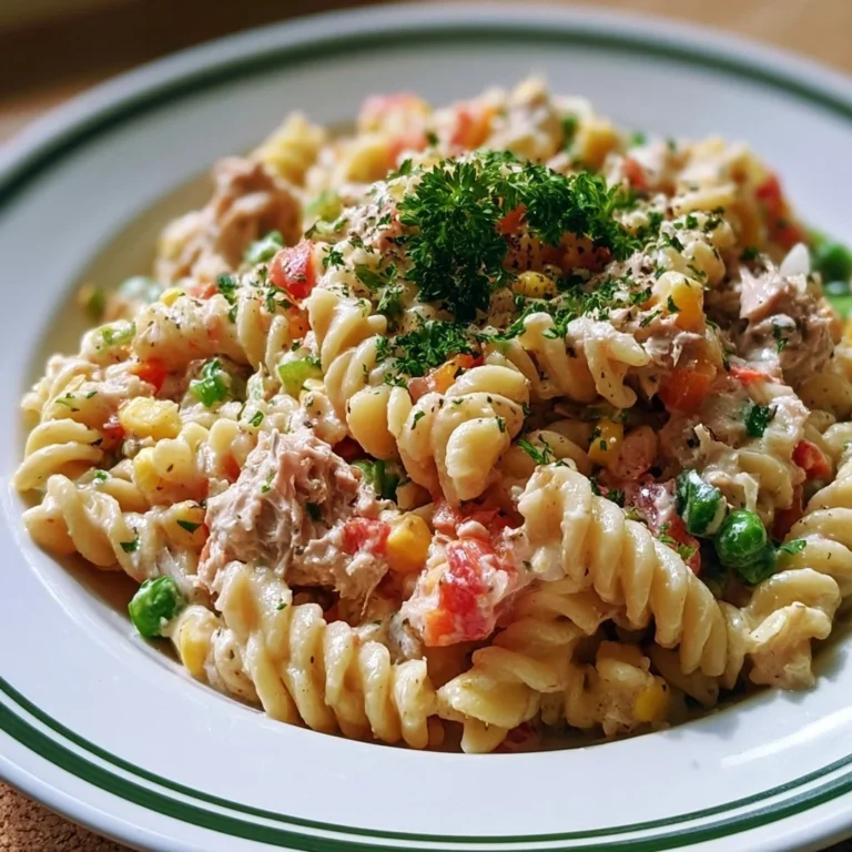 Leckerer Thunfischnudelsalat in einer Schüssel angerichtet