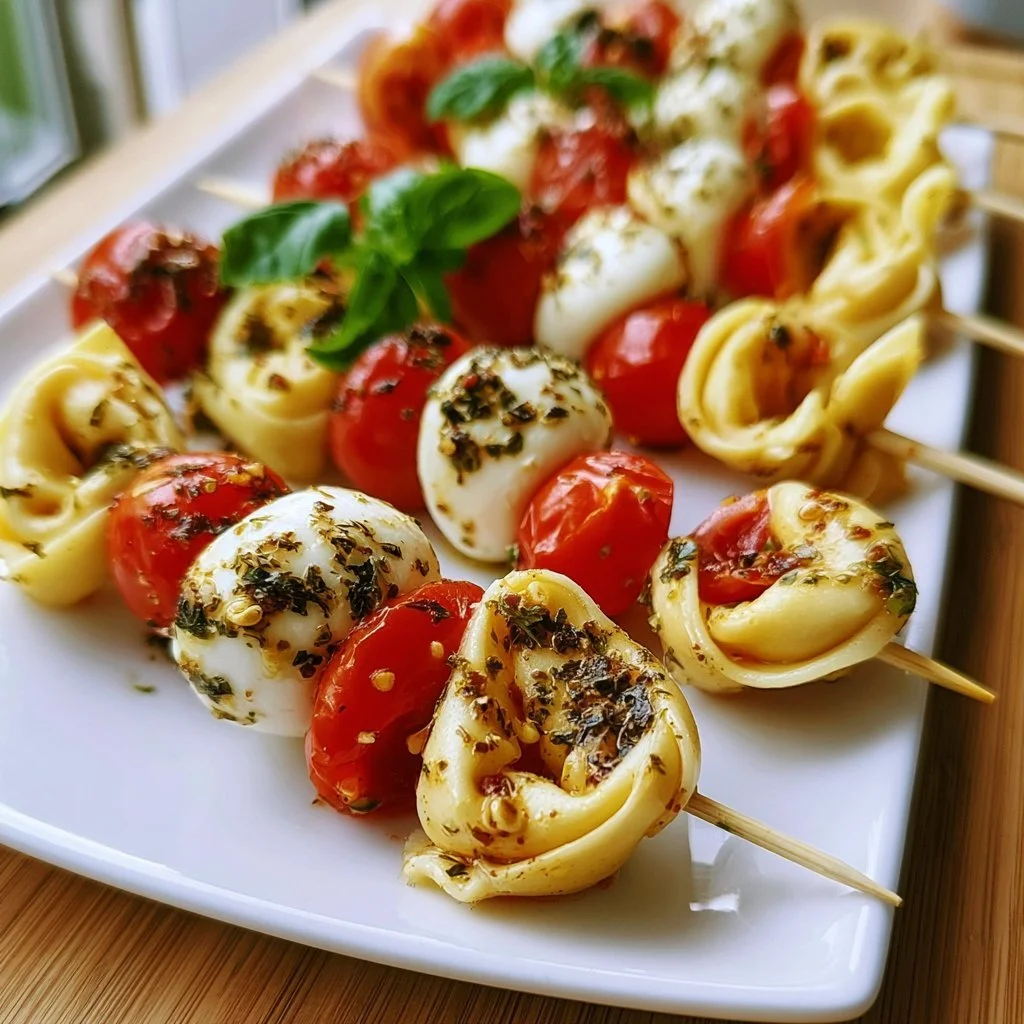 Tortellini Spieße mit Tomaten und Mozzarella an einem Servierteller