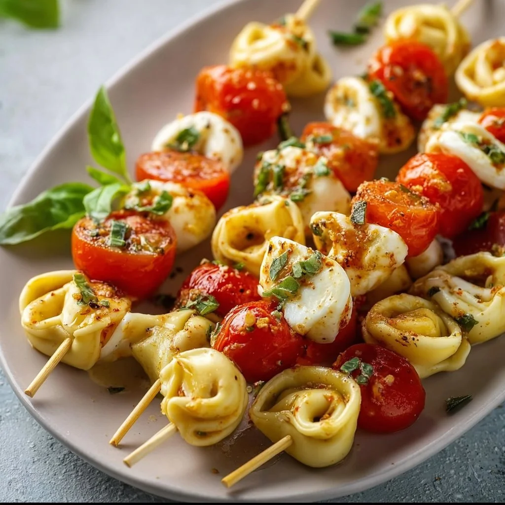 Tortellini skewers with tomato and mozzarella