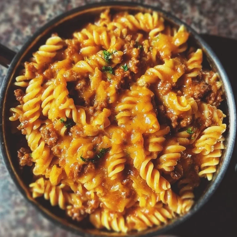 Cremige Cheeseburger-Pasta serviert mit frischen Zutaten und würzigem Käse