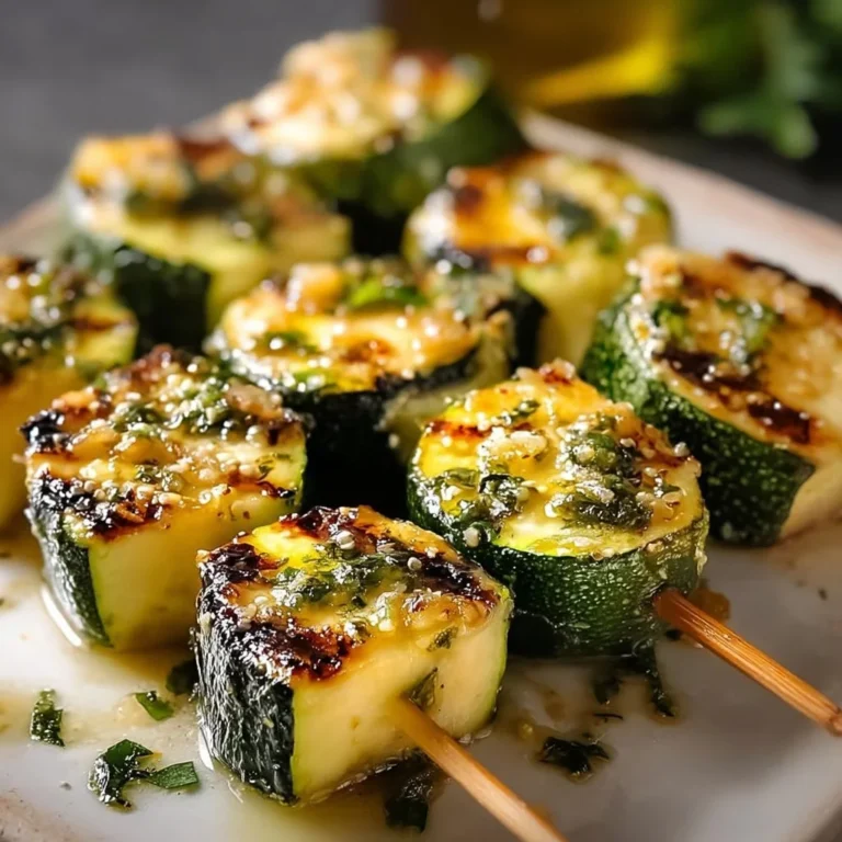 Leckere Knoblauchbutter-Zucchini-Spieße auf einem Grill serviert.