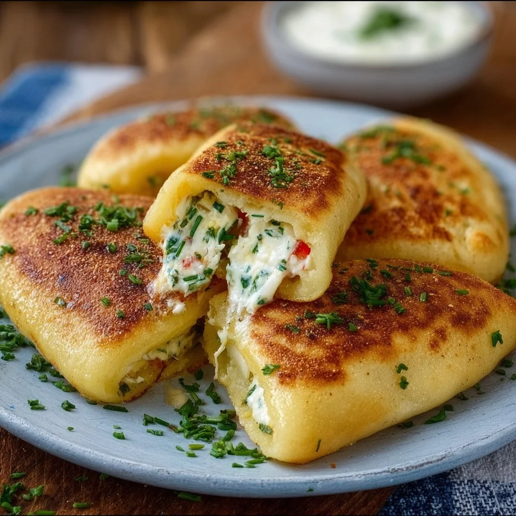 Vegetarische Kartoffeltaschen mit Frischkäsefüllung auf einem Teller serviert