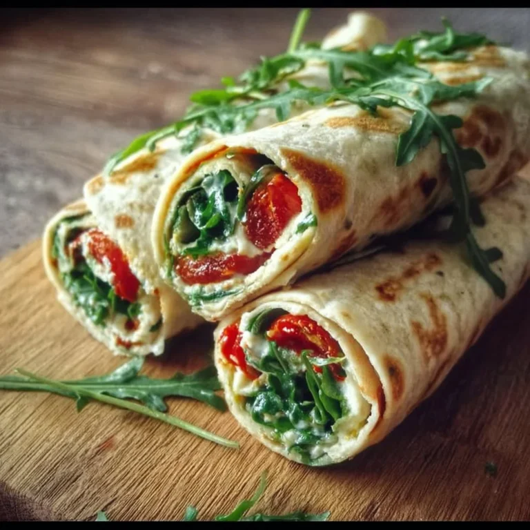 Vegetarische Wrap-Röllchen gefüllt mit Rucola und Tomaten