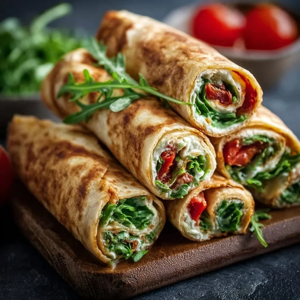 Vegetarische Wrap-Röllchen mit Rucola und Tomaten