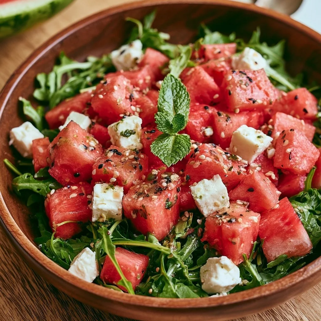 Wassermelonen-Feta-Salat mit Rucola in einer Schüssel