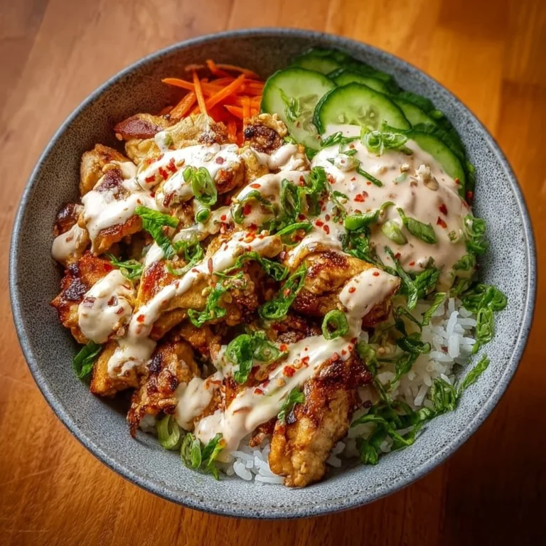 Würzige Hähnchen Bowl mit cremiger Soße serviert in einer bunten Schüssel