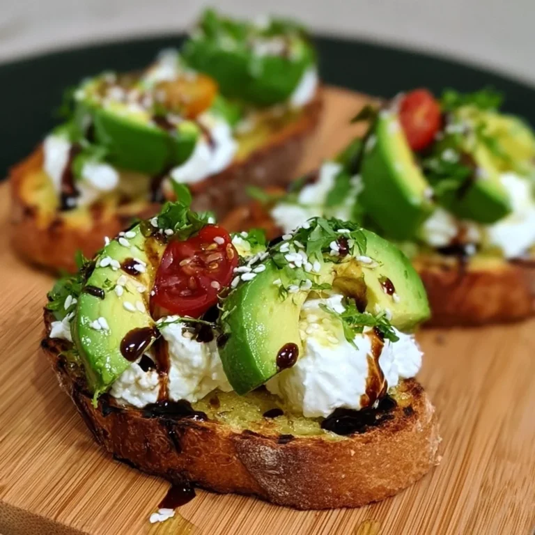 Avocado Burrata Bruschetta auf einem Holzbrett serviert