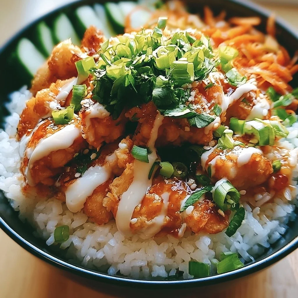 Leckere Bang Bang Hähnchen Reisschüssel mit frischen Zutaten.