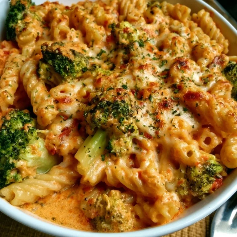 Brokkoli-Nudelauflauf mit Tomaten-Käsesoße auf einem Teller serviert