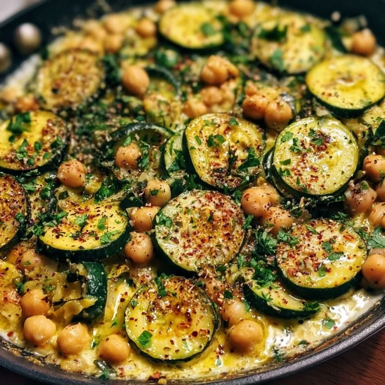 Cremige Knoblauch Kichererbsen Zucchini Pfanne mit frischen Zutaten