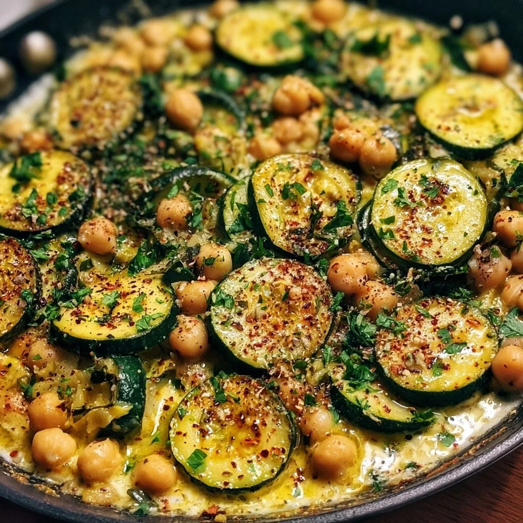 Cremige Knoblauch Kichererbsen Zucchini Pfanne mit frischen Zutaten