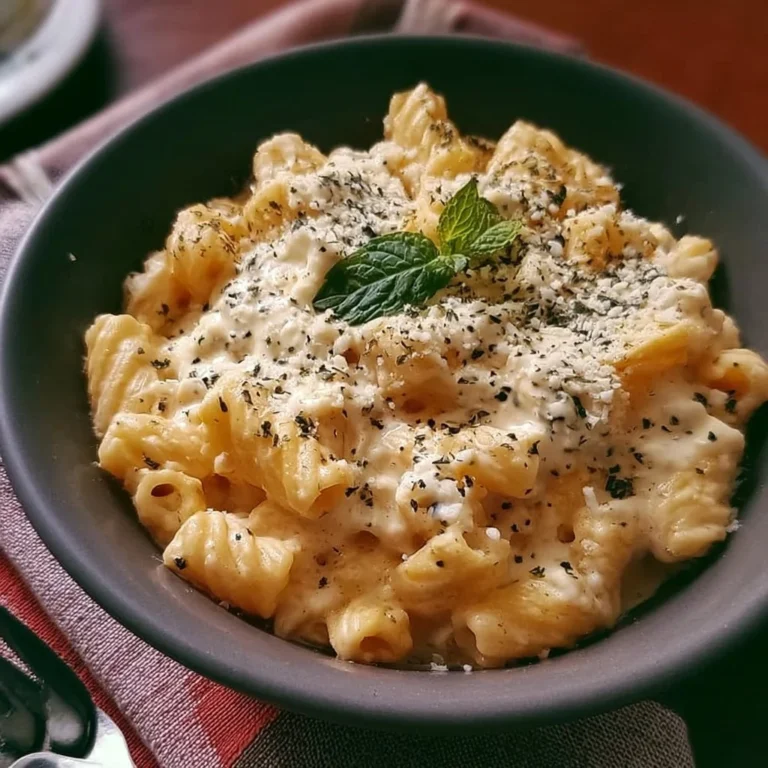 Cremige Protein Nudeln mit Hüttenkäse auf einem Teller serviert